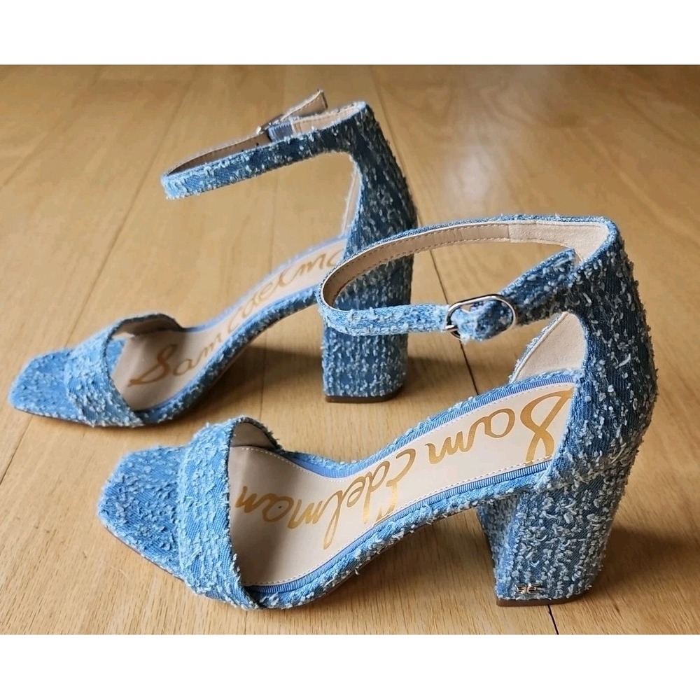 Sam Edelman Daniella Blue Distressed Frayed Denim Block Heel Sandals Womens 7.5 - Picture 2 of 10
